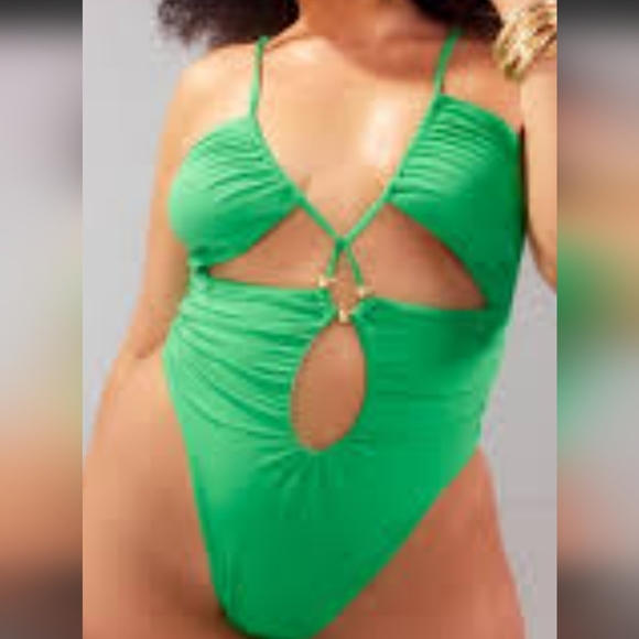NWT plus green bead detail ruched cut out swimsuit size 24 - Picture 1 of 3
